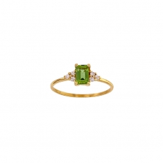 Solitaire Péridot taille rectangle 6 x 4mm, 6 diamants 0,09ct GVS Or 750/1000