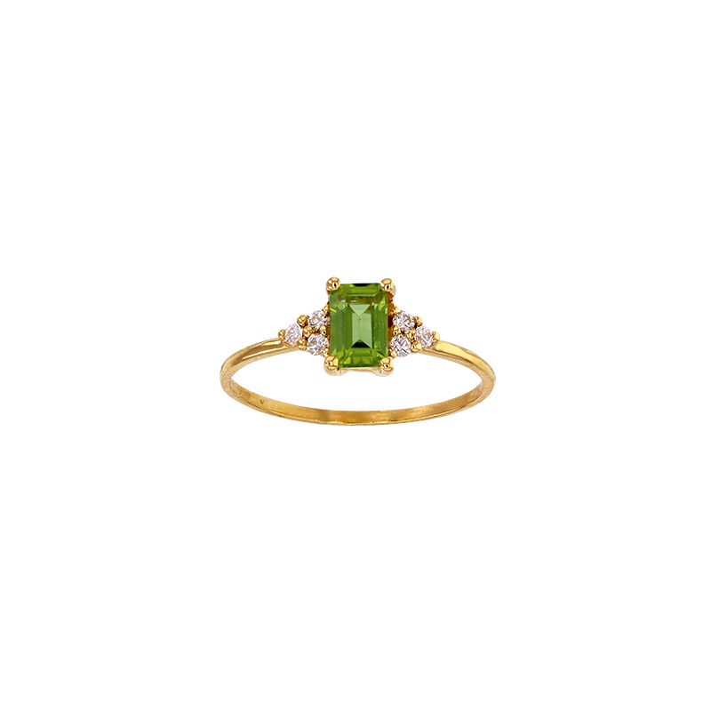 Solitaire Péridot taille rectangle 6 x 4mm, 6 diamants 0,09ct GVS Or 750/1000