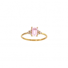 Solitaire Quartz rose taille rectangle 6 x 4mm, 6 diamants 0,09ct GVS Or 750/1000