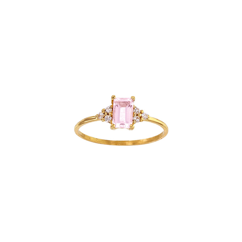 Solitaire Quartz rose taille rectangle 6 x 4mm, 6 diamants 0,09ct GVS Or 750/1000