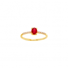 Solitaire Rubis taille ovale 5 x 4mm et 10 diamants 0,06ct GVS, Or 750/1000