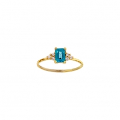 Solitaire Topaze London Blue taille rectangle 6 x 4mm, 6 diamants 0,09ct GVS Or 750/1000